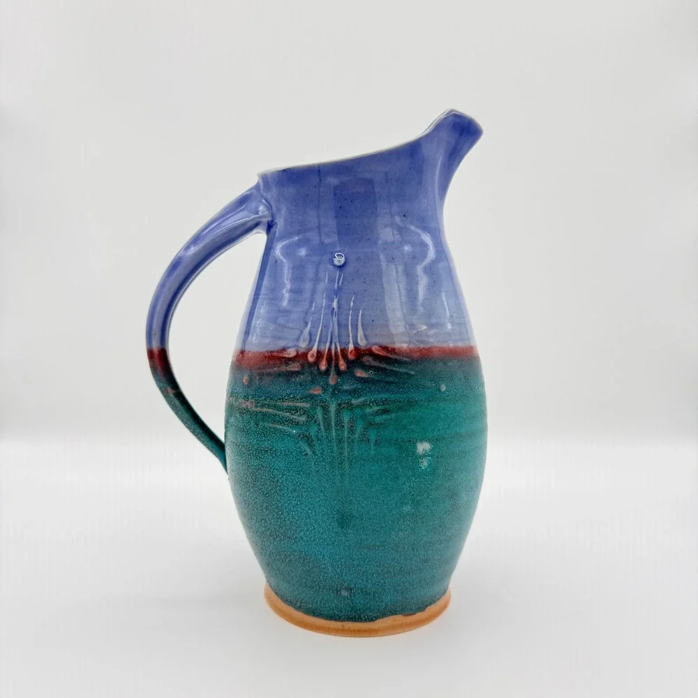 Vintage Studio Pottery Pitcher Turquoise Periwinkle Oxblood Art Pottery Vase